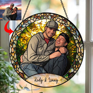 Custom Photo Stained Glass Suncatcher, Wedding Anniversary Valentine Gift, Couple Personalized Window Hanging Suncatcher, For Husband Wife