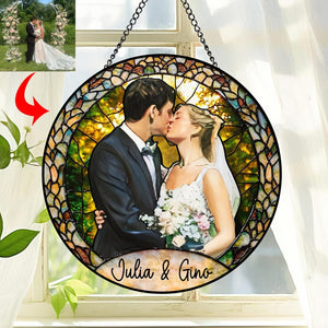 Custom Photo Stained Glass Suncatcher, Wedding Anniversary Valentine Gift, Couple Personalized Window Hanging Suncatcher, For Husband Wife