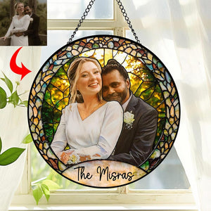 Custom Photo Stained Glass Suncatcher, Wedding Anniversary Valentine Gift, Couple Personalized Window Hanging Suncatcher, For Husband Wife