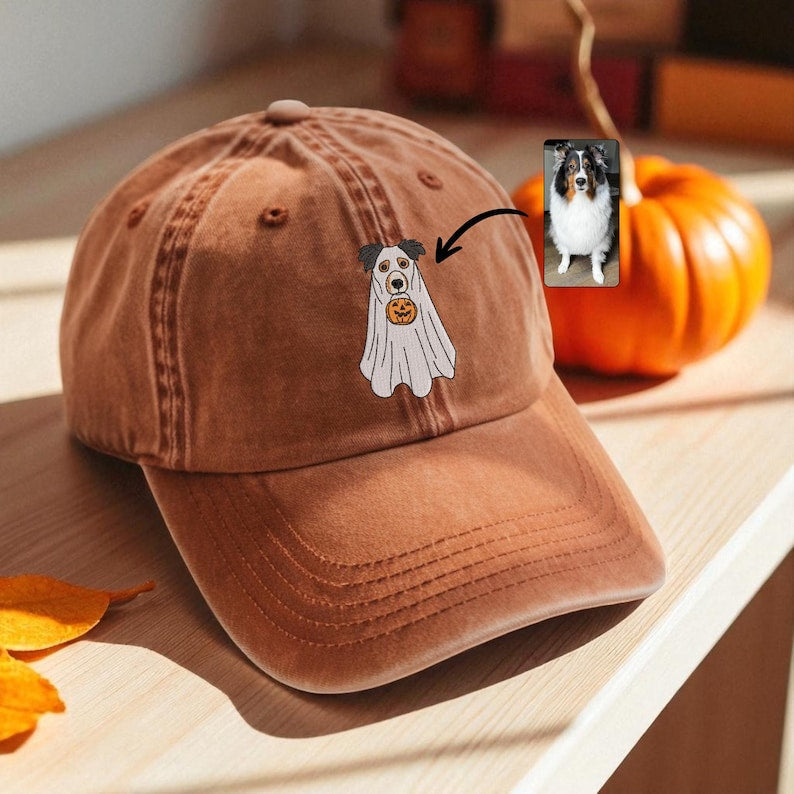 Custom Dog Embroidered Hat Halloween Ghost Dog Washed Hat Halloween Embroidered Baseball Hat Dogs Embroidered Cap Pet Ghost Hat il_794xN.7007971256_gniv.jpg