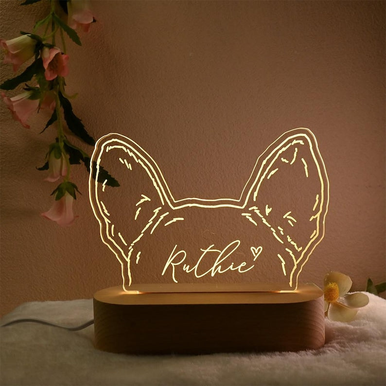 Personalized Dog Ear Outline Night Light, Custom Dog Breed Keepsake, Pet Memorial Gift, Personalized Pet Sign, Pet Lover Gifts, Pet Plaque