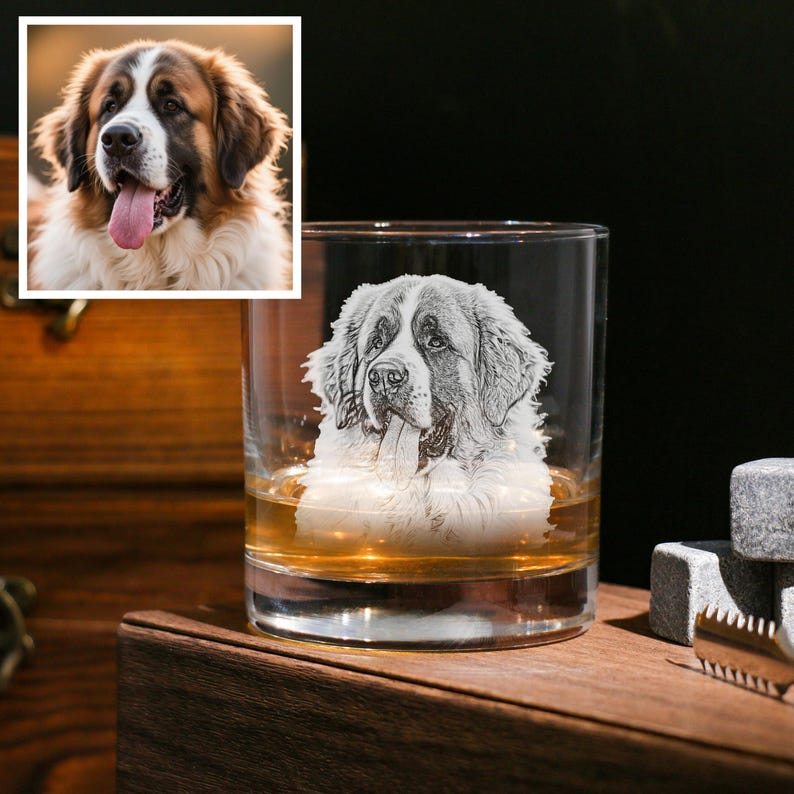 Personalized Photo on Whiskey Glass, Custom Pet Portrait Engraved on Whiskey Glass, Engrave Your Handwritten Gift Message with Dog Cat Photo on Glass