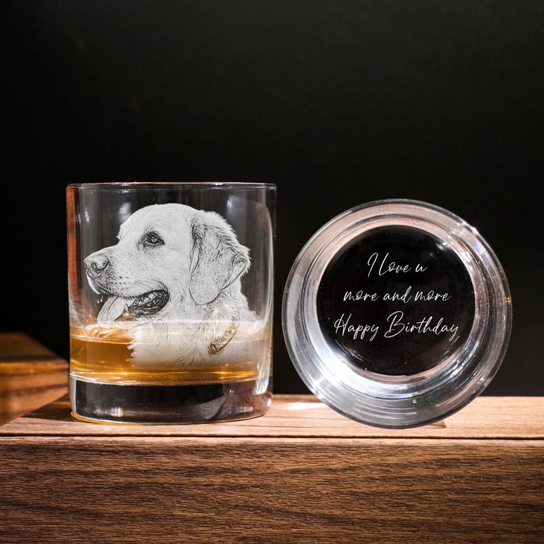 Personalized Photo on Whiskey Glass, Custom Pet Portrait Engraved on Whiskey Glass, Engrave Your Handwritten Gift Message with Dog Cat Photo on Glass