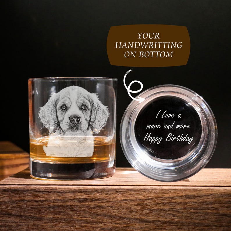 Personalized Photo on Whiskey Glass, Custom Pet Portrait Engraved on Whiskey Glass, Engrave Your Handwritten Gift Message with Dog Cat Photo on Glass