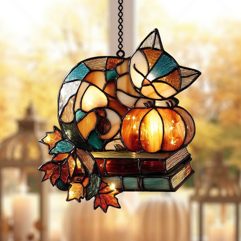 Cozy Cat and Pumpkin Faux Acrylic Suncatcher, Acrylic Autumn Window Art with Books and Maple Leaves, Fall Gift for Reader, Cat Mom