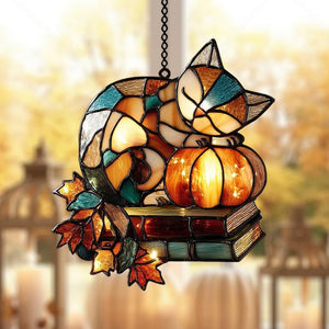 Cozy Cat and Pumpkin Faux Acrylic Suncatcher, Acrylic Autumn Window Art with Books and Maple Leaves, Fall Gift for Reader, Cat Mom