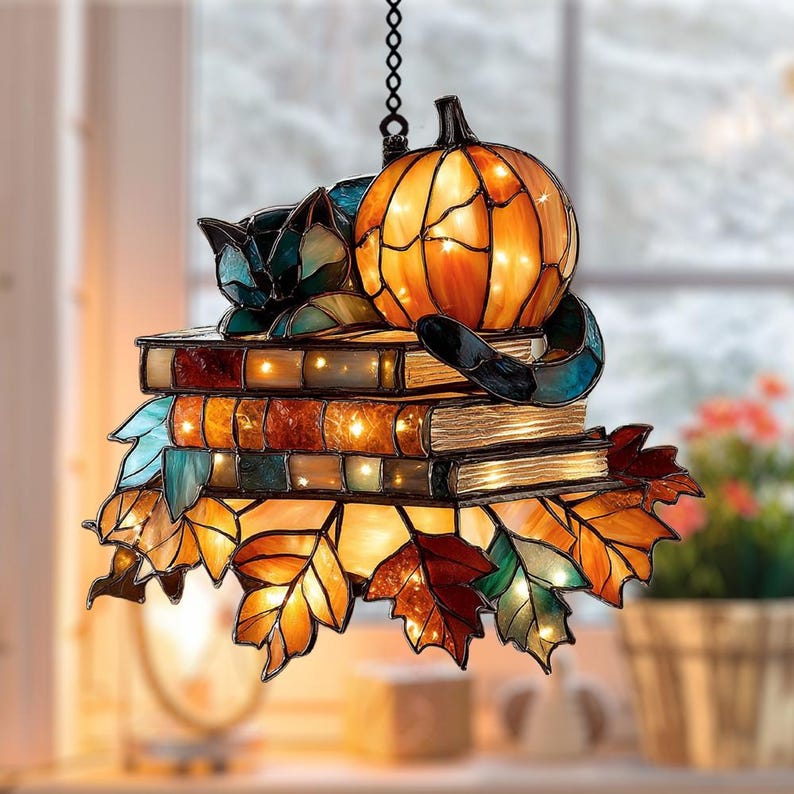 Cozy Cat and Pumpkin Faux Acrylic Suncatcher, Acrylic Autumn Window Art with Books and Maple Leaves, Fall Gift for Reader, Cat Mom