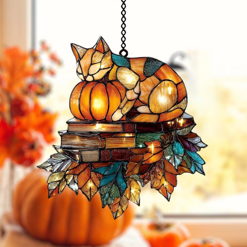 Cozy Cat and Pumpkin Faux Acrylic Suncatcher, Acrylic Autumn Window Art with Books and Maple Leaves, Fall Gift for Reader, Cat Mom