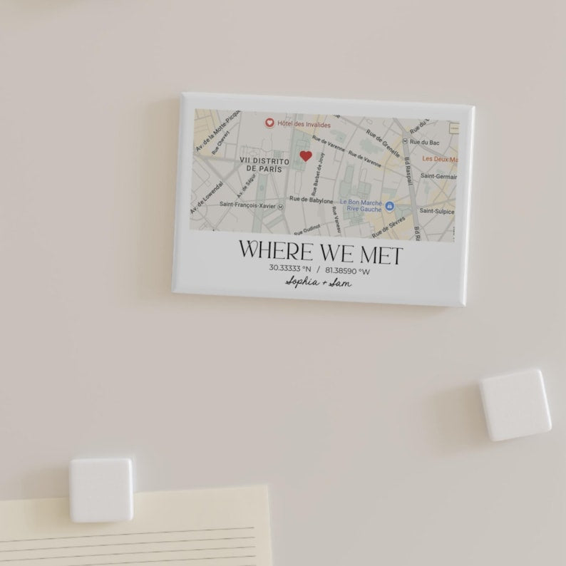 Custom Magnet Where We Met Map, Personalized Location Map Fridge Magnet, Wedding Map Anniversary Gift, Map With Coordinates Gift for Couples