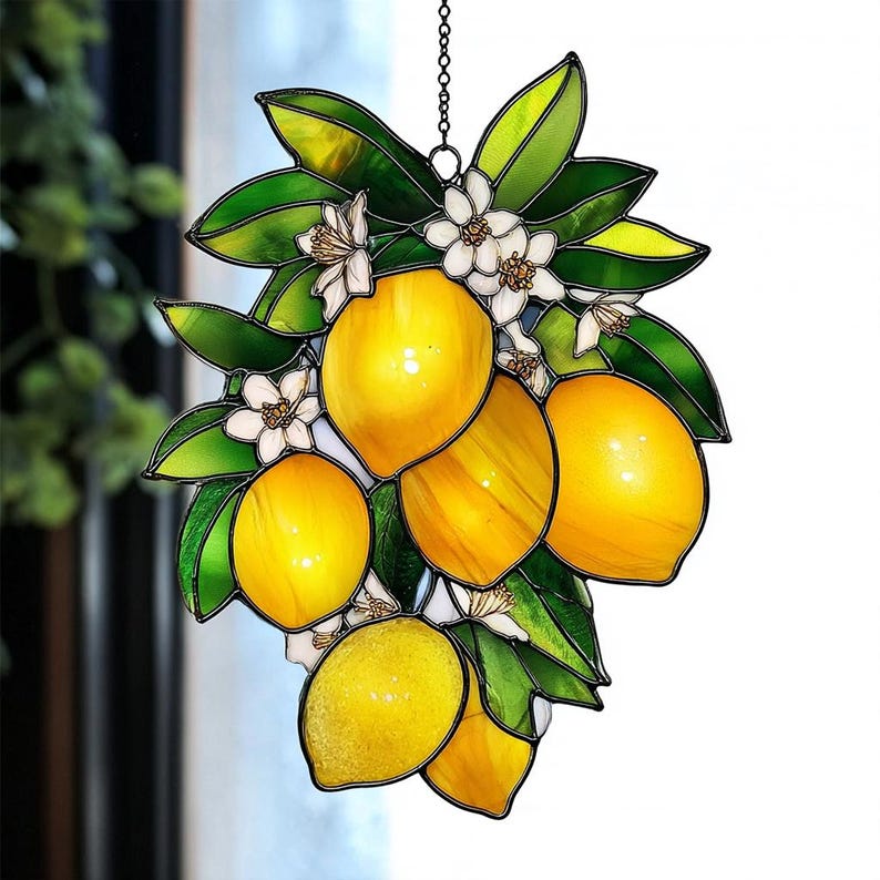 Lemon Blossom Acrylic Suncatcher Faux Acrylic Window Hanging Yellow Citrus and White Flower Decor Fresh Kitchen Gift Idea