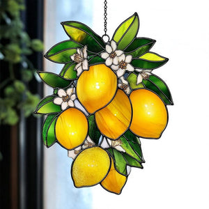 Lemon Blossom Acrylic Suncatcher Faux Stained Glass Window Hanging Yellow Citrus and White Flower Decor Fresh Kitchen Gift Idea