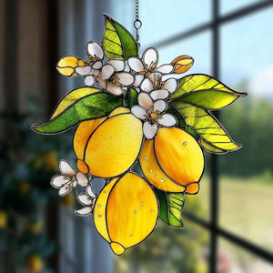 Lemon Blossom Acrylic Suncatcher Faux Stained Glass Window Hanging Yellow Citrus and White Flower Decor Fresh Kitchen Gift Idea