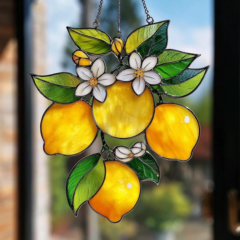 Lemon Blossom Acrylic Suncatcher Faux Acrylic Window Hanging Yellow Citrus and White Flower Decor Fresh Kitchen Gift Idea
