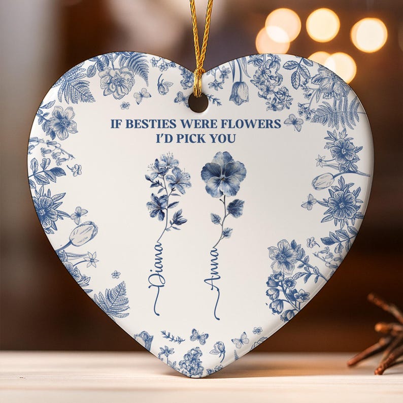 Custom Ornament Gift for Besties, Personalized Ornament For Bestie, Toile De Jouy Birth Flower Grow An Old Friend, Gift for Her, Mom Gifts
