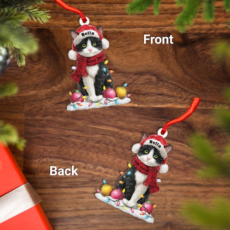 Tuxedo Cat Christmas Ornament 2D Flat Wood Holiday Tree D cor for Cat Lovers, Cute Black and White Kitty Gift, Custom Pet Xmas Charm
