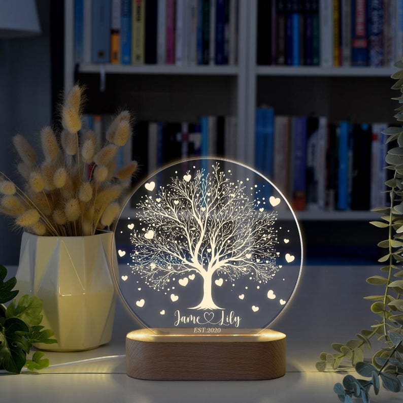 Personalized Tree of Love Night Light Acrylic Lamp, Wedding Anniversary Gift, Custom Couple Name Light, Est Year Keepsake Decor