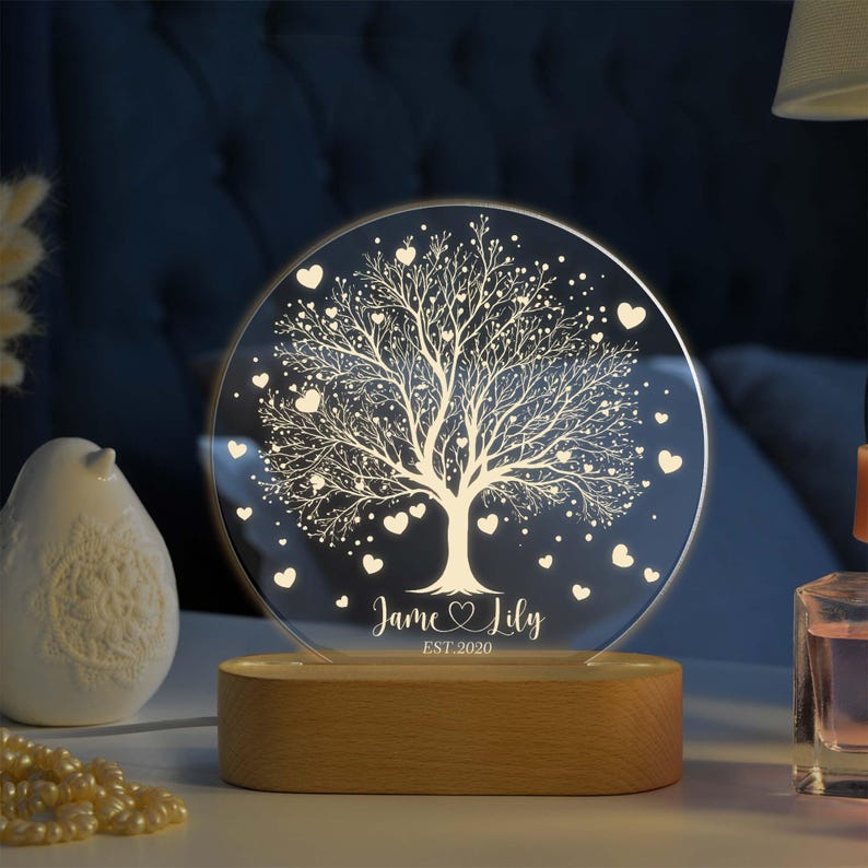 Personalized Tree of Love Night Light Acrylic Lamp, Wedding Anniversary Gift, Custom Couple Name Light, Est Year Keepsake Decor
