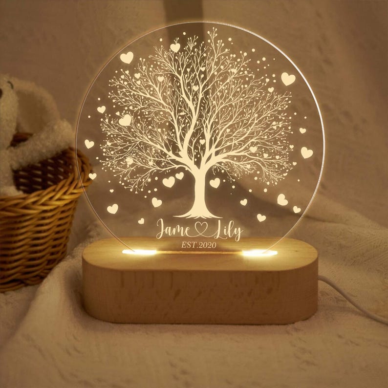 Personalized Tree of Love Night Light Acrylic Lamp, Wedding Anniversary Gift, Custom Couple Name Light, Est Year Keepsake Decor