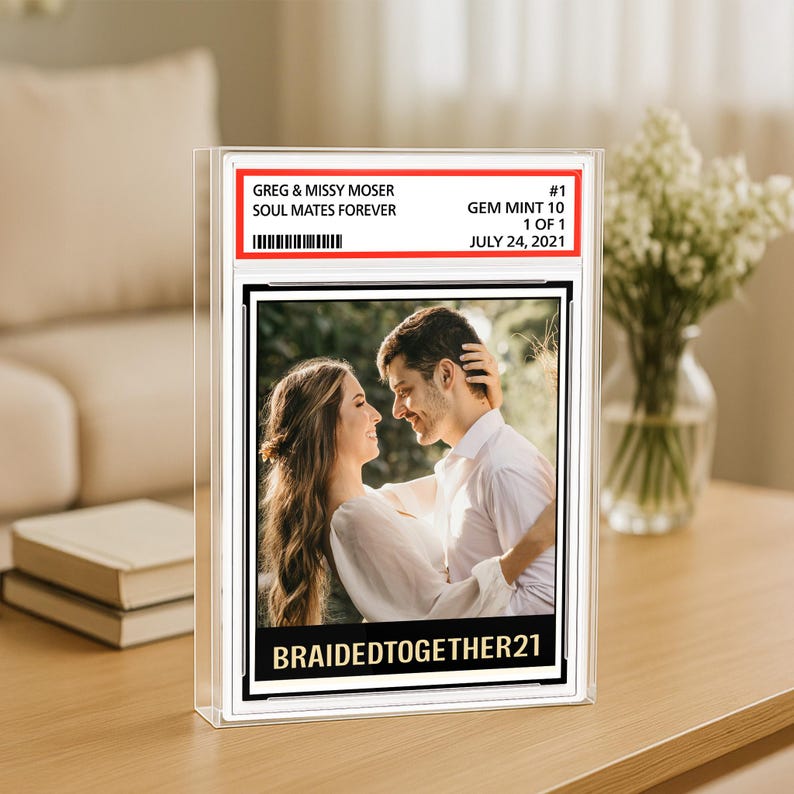 Custom Couple Photo Trading Card Style Acrylic Block Plaque, Soulmates Forever, Married Newlywed Wedding Anniversary Gift Husband Wife
