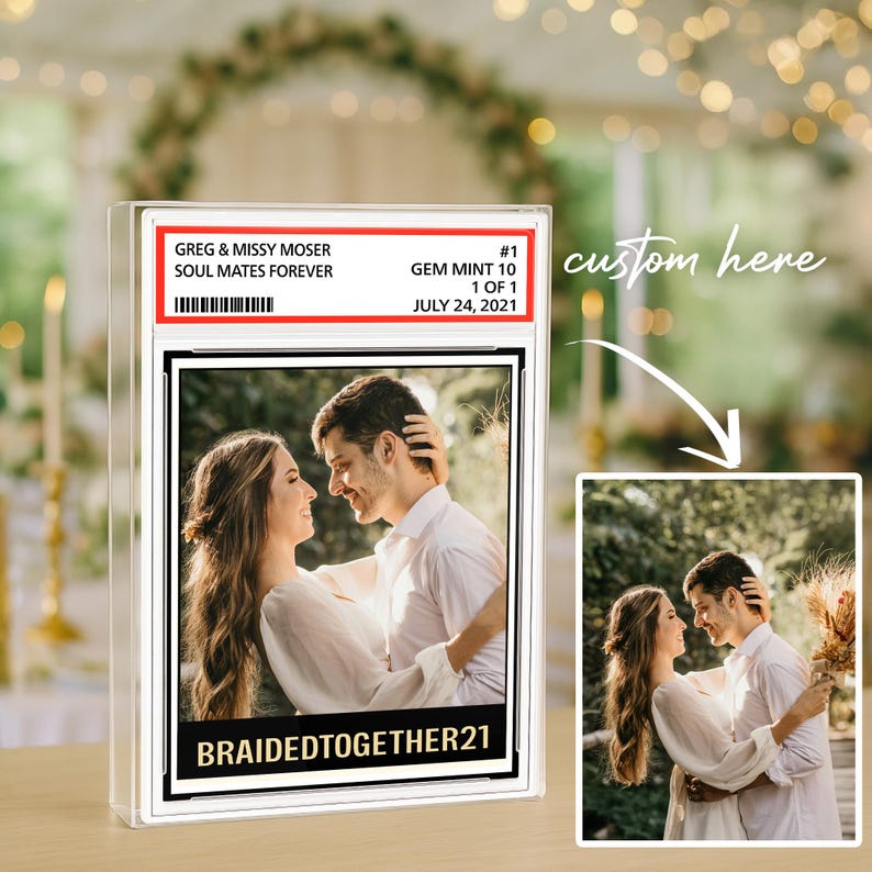 Custom Couple Photo Trading Card Style Acrylic Block Plaque, Soulmates Forever, Married Newlywed Wedding Anniversary Gift Husband Wife