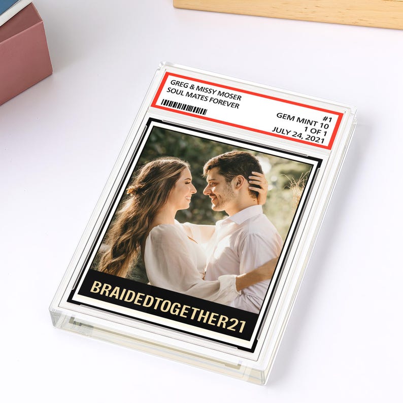 Custom Couple Photo Trading Card Style Acrylic Block Plaque, Soulmates Forever, Married Newlywed Wedding Anniversary Gift Husband Wife