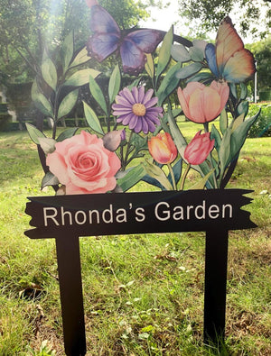 Custom Metal Garden Decor, Butterfly with Flower Garden Sign, Personalized Garden Name Stakes, Lawn Signs, Outdoor Sign,Garden Gifts for Mom