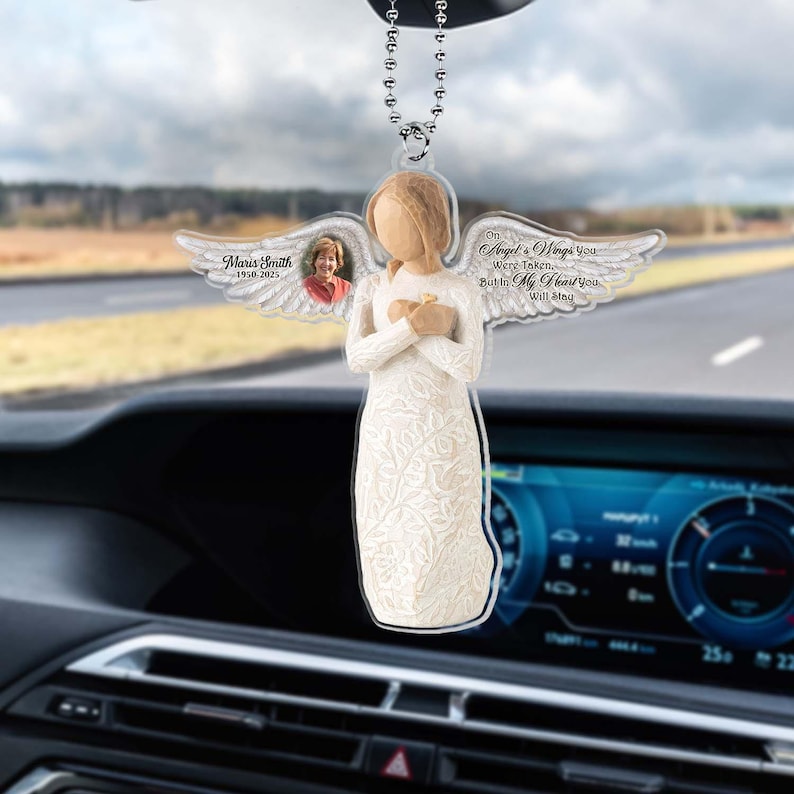 On Angels Wings You Were Taken, But In My Heart You Will Stay-Personalized Photo Angel Wings Car Hanger,Remembrance Car Hanger,Memorial Gift