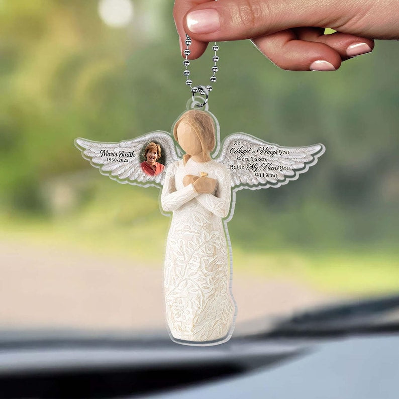 On Angels Wings You Were Taken, But In My Heart You Will Stay-Personalized Photo Angel Wings Car Hanger,Remembrance Car Hanger,Memorial Gift