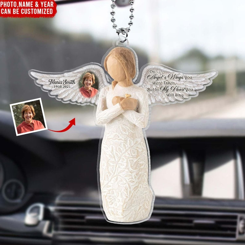 On Angels Wings You Were Taken, But In My Heart You Will Stay-Personalized Photo Angel Wings Car Hanger,Remembrance Car Hanger,Memorial Gift