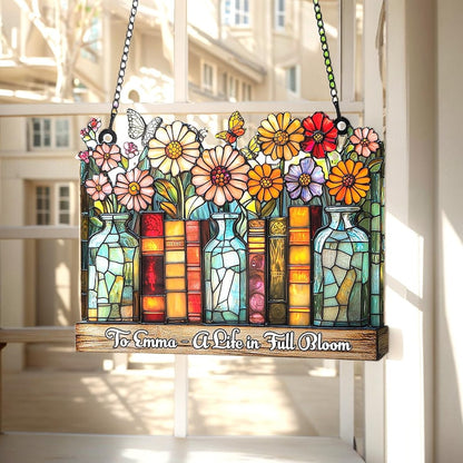 Personalized Floral Book Vase Acrylic Suncatcher Blooming Window Hanging For Readers & Garden Lovers