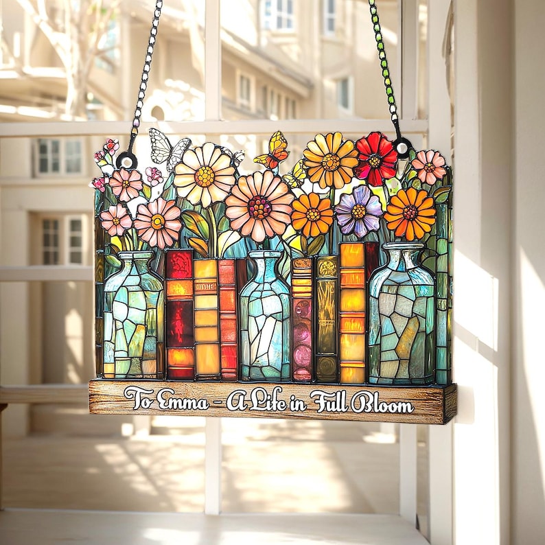 Personalized Floral Book Vase Acrylic Suncatcher Blooming Window Hanging For Readers & Garden Lovers