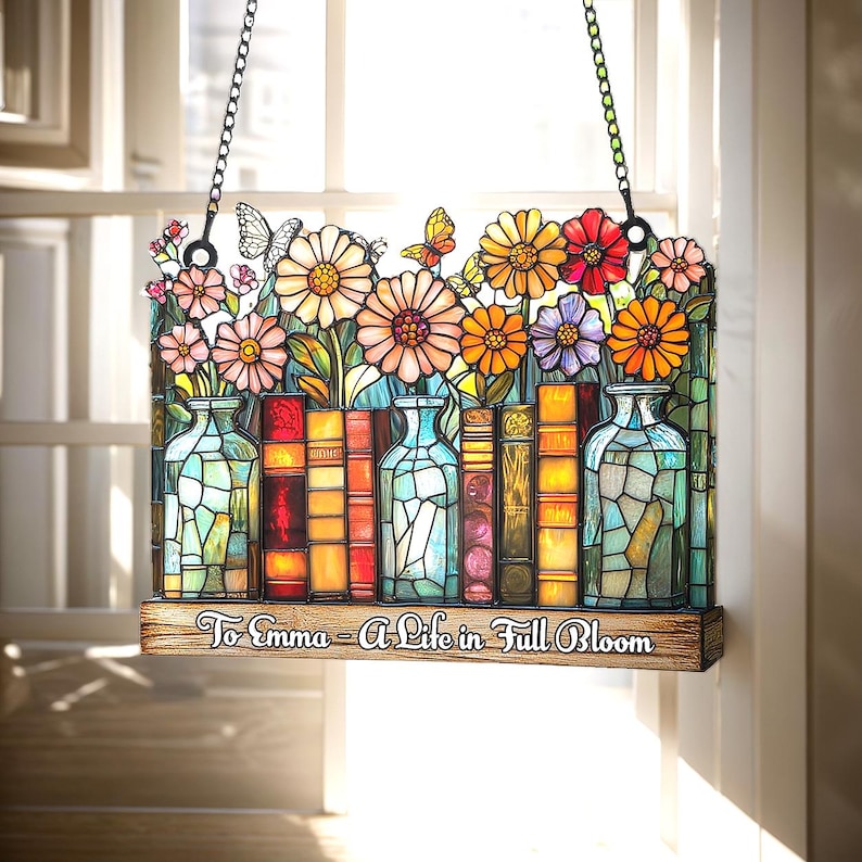 Personalized Floral Book Vase Acrylic Suncatcher Blooming Window Hanging For Readers & Garden Lovers