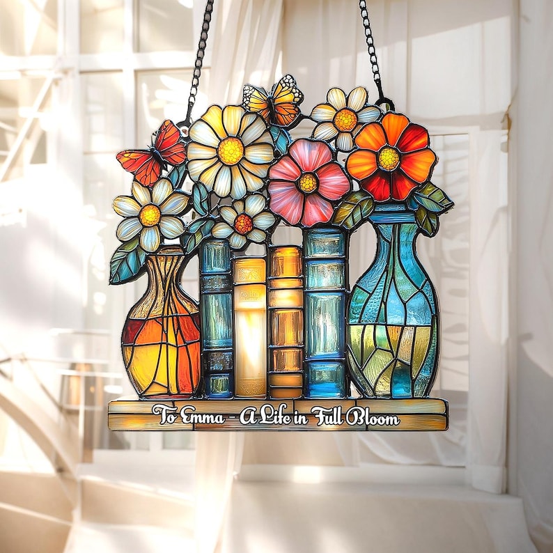 Personalized Floral Book Vase Acrylic Suncatcher Blooming Window Hanging For Readers & Garden Lovers