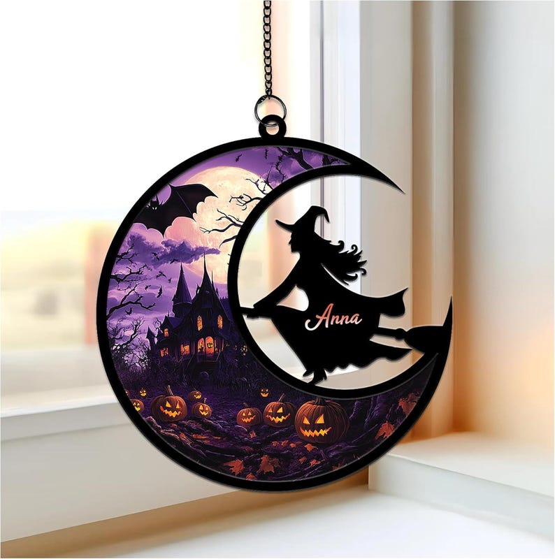Personalized Halloween Witch Suncatcher Custom Name Flying Witch Window Ornament with Haunted House & Pumpkins Spooky Fall Decor