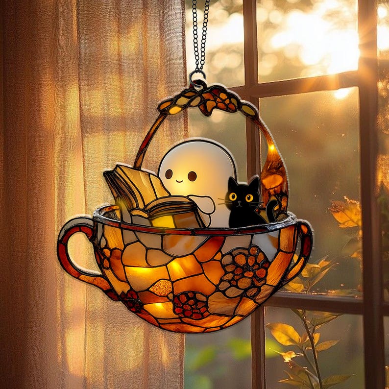 Cute Ghost Reading Book Acrylic Ornament, Teacup Faux Stained Glass Window Hanging, Halloween Bookish Gift, Black Cat Spooky Bathroom Decor