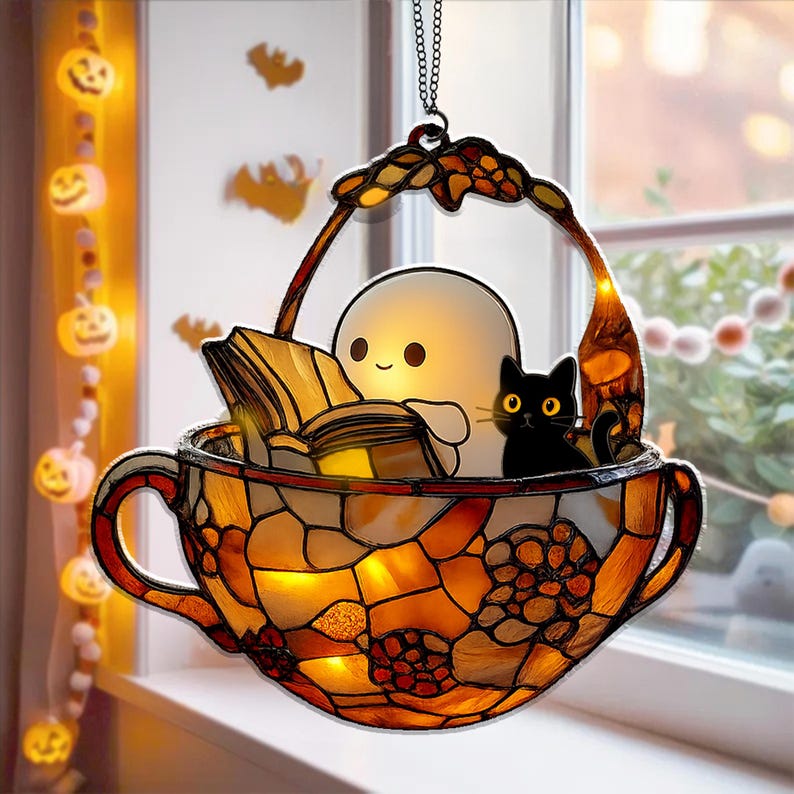 Cute Ghost Reading Book Acrylic Ornament, Teacup Faux Acrylic Window Hanging, Halloween Bookish Gift, Black Cat Spooky Bathroom Decor