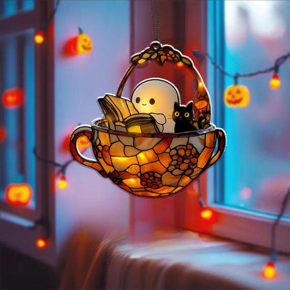 Cute Ghost Reading Book Acrylic Ornament, Teacup Faux Acrylic Window Hanging, Halloween Bookish Gift, Black Cat Spooky Bathroom Decor