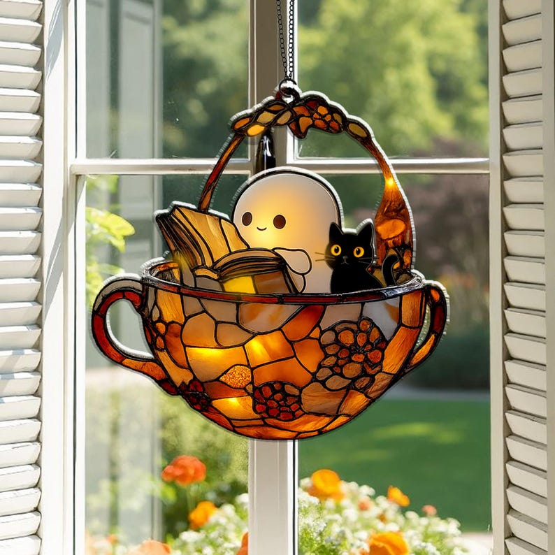 Cute Ghost Reading Book Acrylic Ornament, Teacup Faux Stained Glass Window Hanging, Halloween Bookish Gift, Black Cat Spooky Bathroom Decor