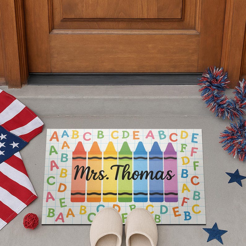 Crayon Alphabet Teacher Doormat, Custom Classroom Rug, Personalized Back to School Mat, Classroom Welcome Floor Decor