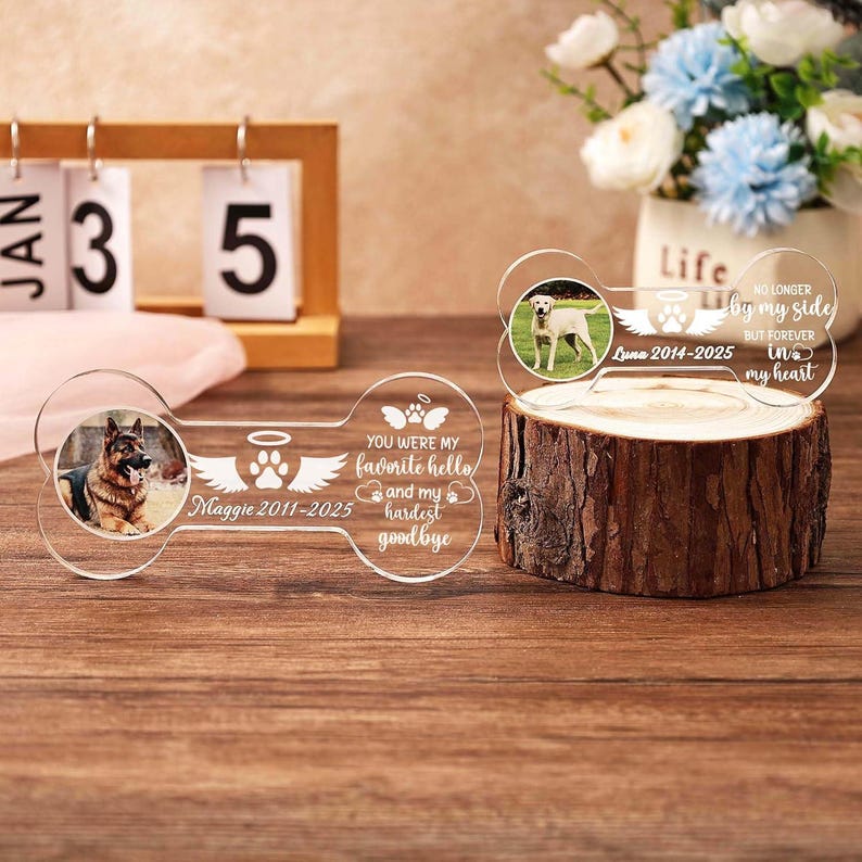 Personalized Pet Memorial Photo Gift Bone Shape Acrylic Dog Memorial Ornament, Pet Loss Keepsake, Sympathy Gift for Dog Lovers