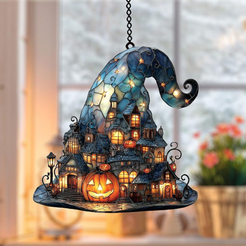 Witch Hat Village Acrylic Suncatcher, Halloween Town Faux Acrylic Window Hanging, Spooky Home Decor for Halloween