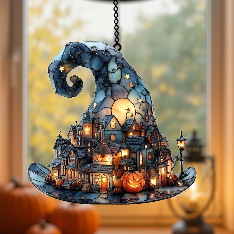 Witch Hat Village Acrylic Suncatcher, Halloween Town Faux Stained Glass Window Hanging, Spooky Home Decor for Halloween