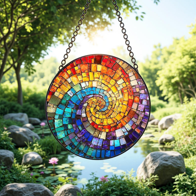 Rainbow Spiral Glass Suncatcher/Circular Mosaic Geometric/Colorful Geometric Decor/Gift For Art Lovers/Suitable for Art Decoration of Church