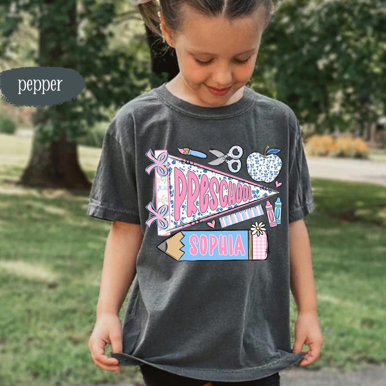 Back to School Girl Shirt Personalized, Custom Name Flag Shirt, Coquette Girls First Day of Prek Kindergarten Shirt, Toddler School Outfit