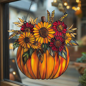 Pumpkin Floral Acrylic Suncatcher - Faux Stained Glass Window Hanging - Autumn Sunflower Decor For Thanksgiving Or Fall Gift