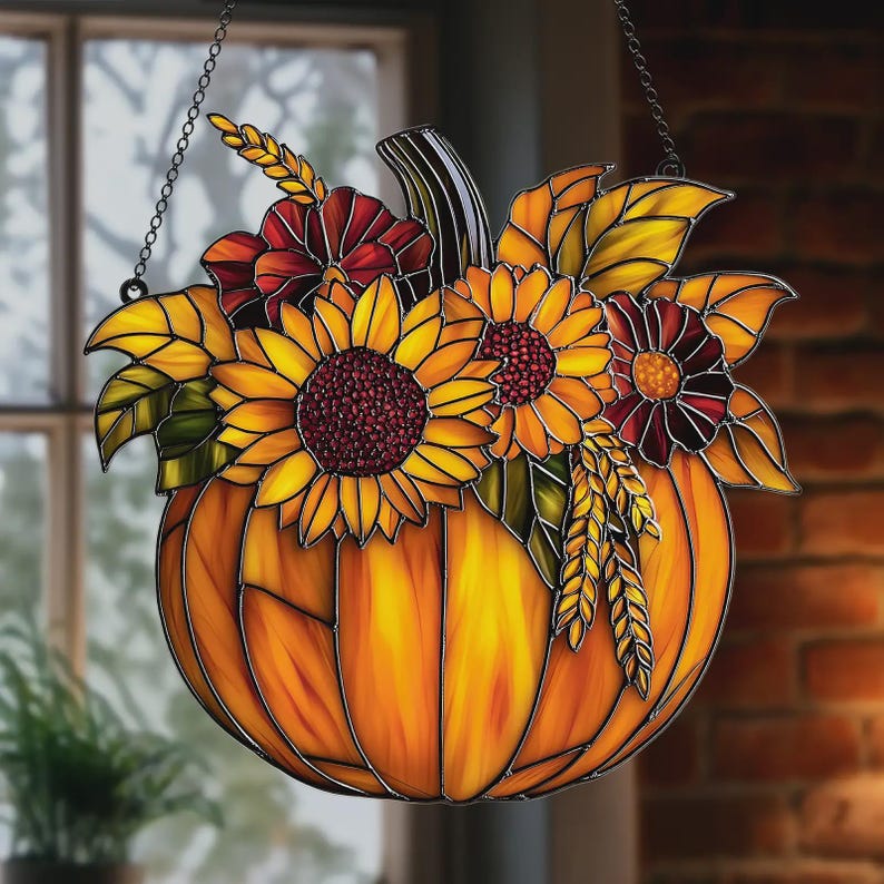 Pumpkin Floral Acrylic Suncatcher - Faux Stained Glass Window Hanging - Autumn Sunflower Decor For Thanksgiving Or Fall Gift