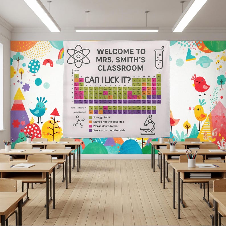 Funny Chemistry Classroom Decor - Can I Lick It Periodic Table Tapestry - Personalized Science Teacher Back to School Wall Banner Gift