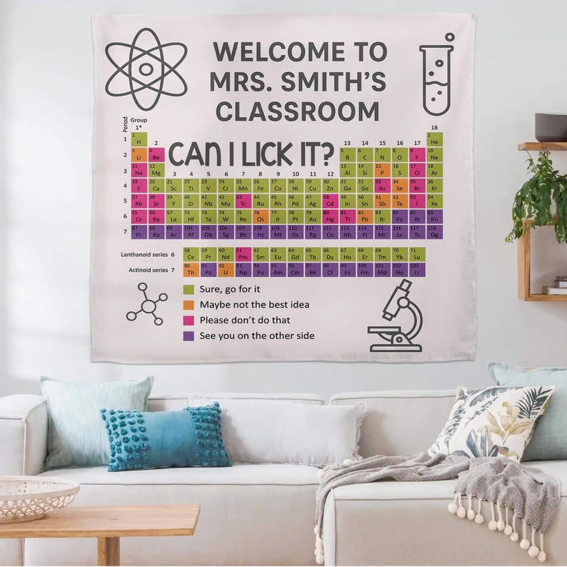 Funny Chemistry Classroom Decor - Can I Lick It Periodic Table Tapestry - Personalized Science Teacher Back to School Wall Banner Gift
