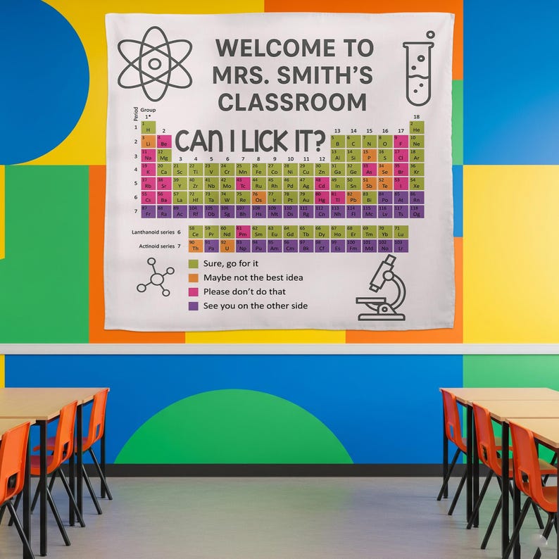 Funny Chemistry Classroom Decor - Can I Lick It Periodic Table Tapestry - Personalized Science Teacher Back to School Wall Banner Gift