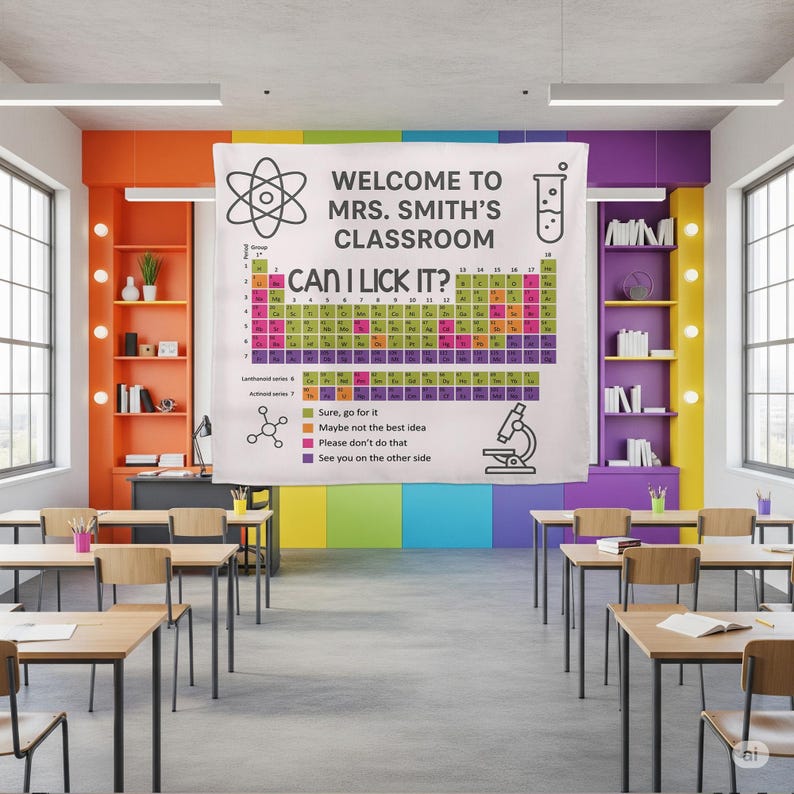 Funny Chemistry Classroom Decor - Can I Lick It Periodic Table Tapestry - Personalized Science Teacher Back to School Wall Banner Gift